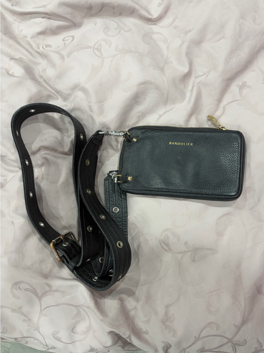 Bandolier Black Leather Crossbody Phone Case with Studded Strap